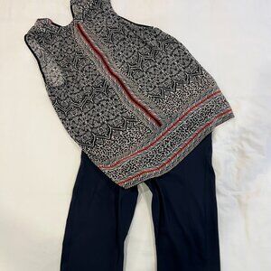 Sleeveless Black & White Printed Blouse with Red Trim